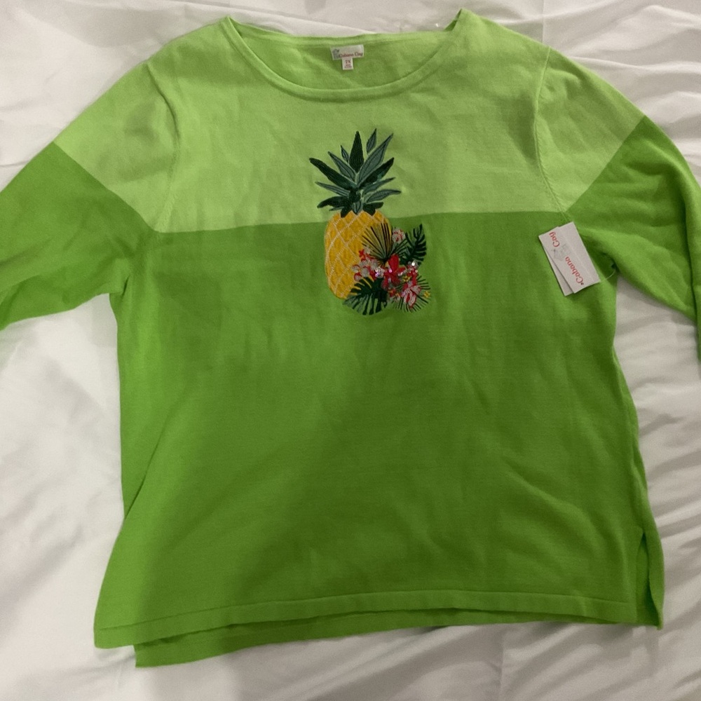 Cabana Cay green pineapple embellished 3/4 length sleeve sweater 2X nwt